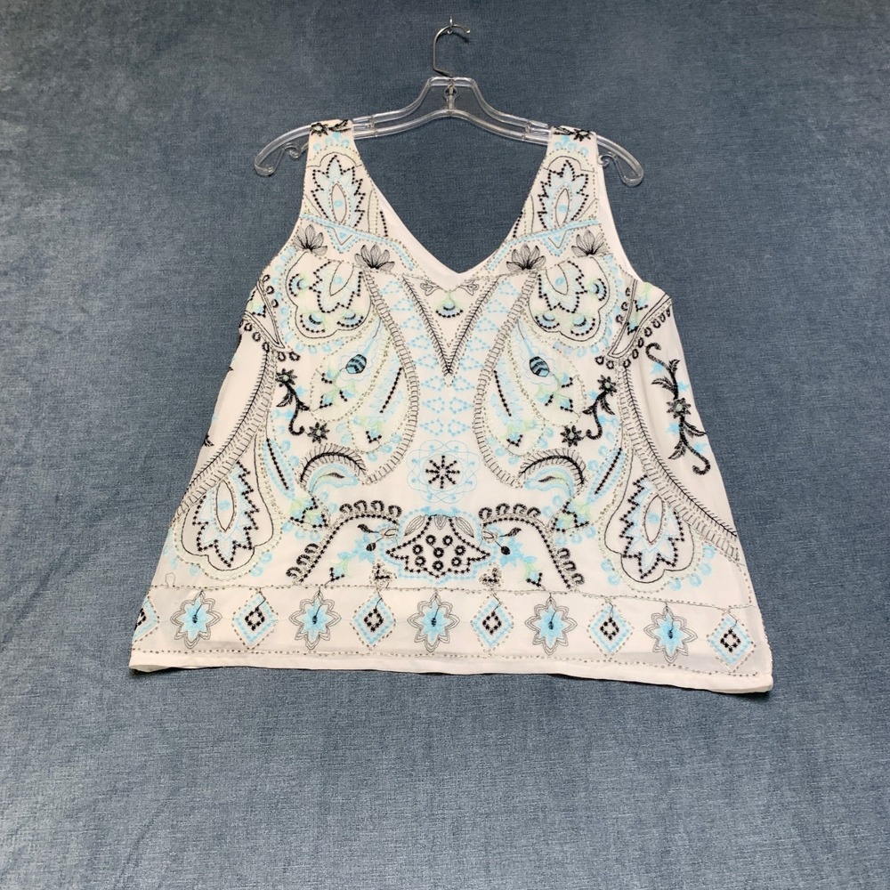 PPLA Clothing Tank Top Womens Large Beige Blue Embroidered Beaded V-Neck Casual